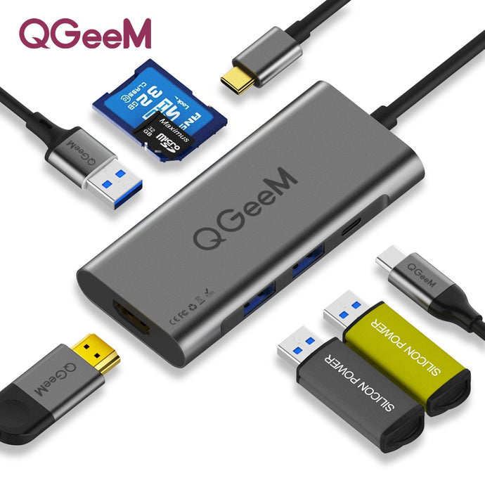 QGeeM 7in1 USB C Hub Huawei P20 Mate 20 Pro Type C USB Hub USB-C to 3.0Hub HDMI Card Reader Thunderbolt3 Adapter for MacBook Pro